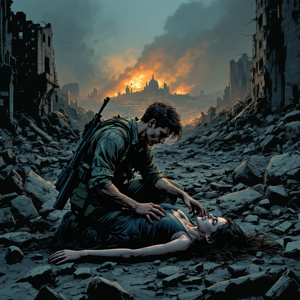 A soldier kneels on rubble, mourning a fallen woman, with a devastated city in flames behind them, evoking the quote War is the great equalizer; the dead receive no accolades.