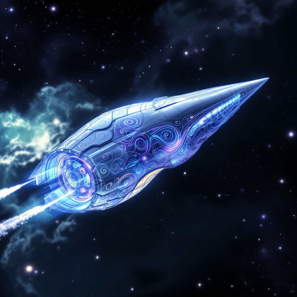 A sleek, elongated spaceship with a broad, powerful foresection and a segmented tail, embodying the design of The Pythoness.