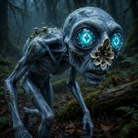 A lanky bluish creature with phosphorescent eyes featuring diamond pupils and a nose like an inverted pit of flowery bone moves through a dark, misty forest.