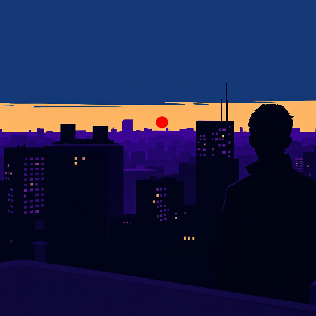 A silhouette of a person stands on a rooftop, gazing at the horizon where a vivid orange sunrise breaks through the dark blue sky, embodying the quote about dawn after night.