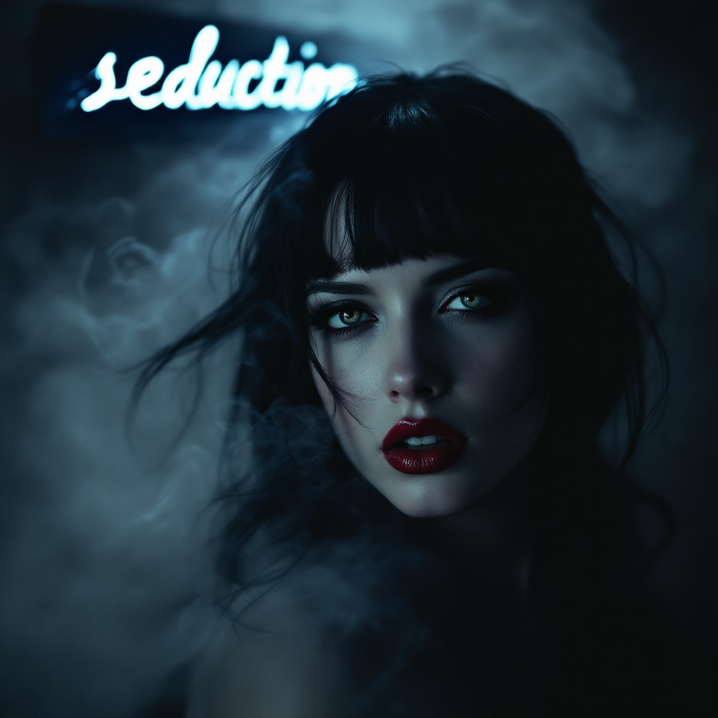 A woman with striking green eyes and dark hair gazes intently, framed by smoky shadows and a glowing neon sign that reads seduction, embodying allure and vulnerability.