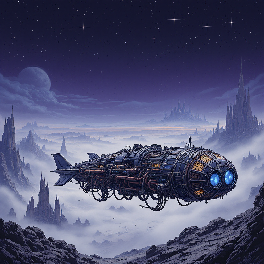 A futuristic, steampunk-inspired vessel glides through a misty alien landscape, symbolizing a journey through the past and its connection to our identity. Stars twinkle in the dark sky above.