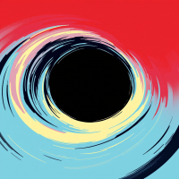 A swirling abstract illustration of a black hole at the center, surrounded by vibrant colors, embodying the concept of a black hole at the end of a wormhole.