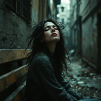 A woman sits on a weathered bench in a narrow, dimly lit alley, her dark hair tousled and her expression contemplative, reflecting a sense of confusion and introspection.