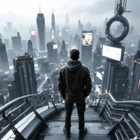 A lone man stands on a futuristic rooftop, gazing over a sprawling, misty cityscape adorned with glowing advertisements, embodying the quote: A man’s life is what he makes of it.