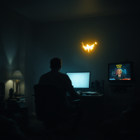 A dark room with a man at a computer, a glowing gold-white abstract shape in his peripheral vision, and a TV showing a game show, evoking a lurking memory-eating presence.