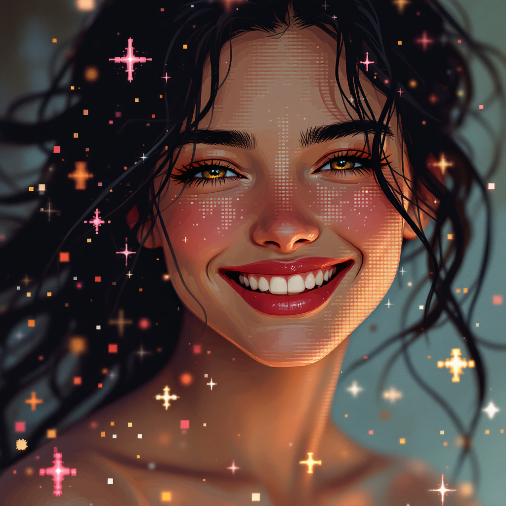 A smiling young woman with wavy dark hair and sparkling eyes, surrounded by a radiant glow of stars, embodying love and affection as expressed in a heartfelt quote.