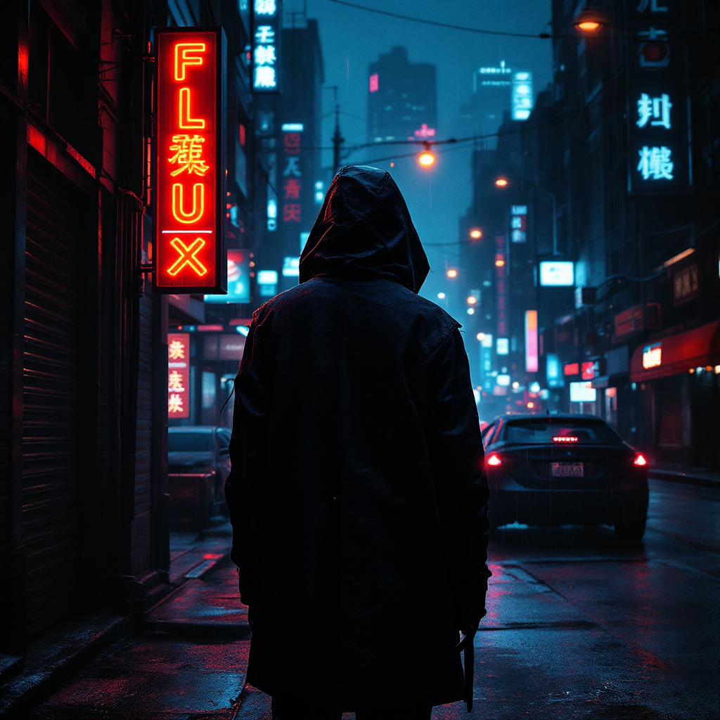 A figure in a dark hooded jacket stands in a neon-lit urban street at night, surrounded by glowing signs and a moody atmosphere, evoking themes of transformation and reinvention.