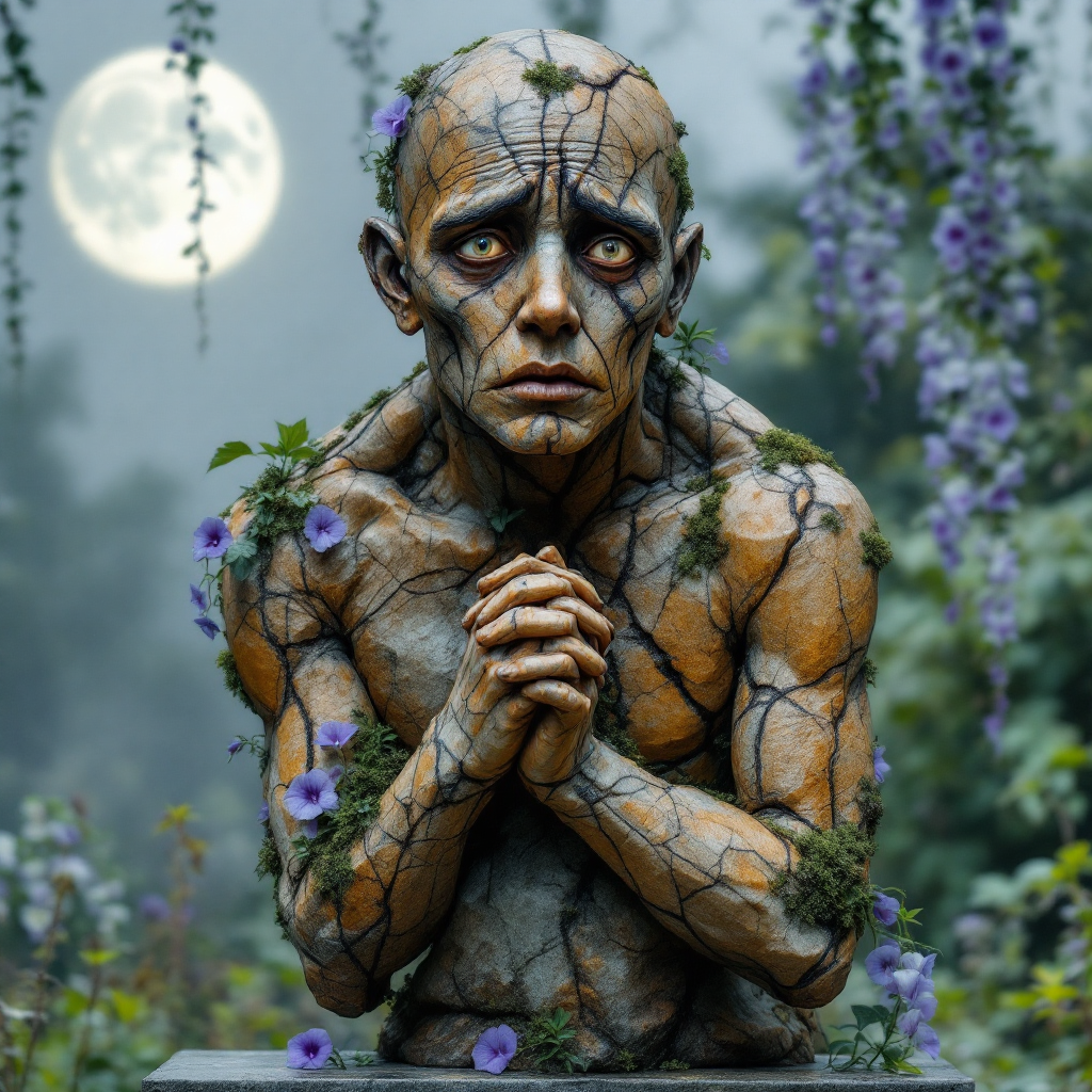 A haunting, textured statue with a distressed expression, entwined with flowers and moss, stands in a misty landscape under a full moon, embodying beauty and uncertainty.