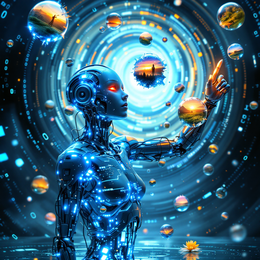 A futuristic humanoid robot surrounded by swirling orbs, each depicting landscapes, questions the nature of reality and existence in a vibrant, digital universe.