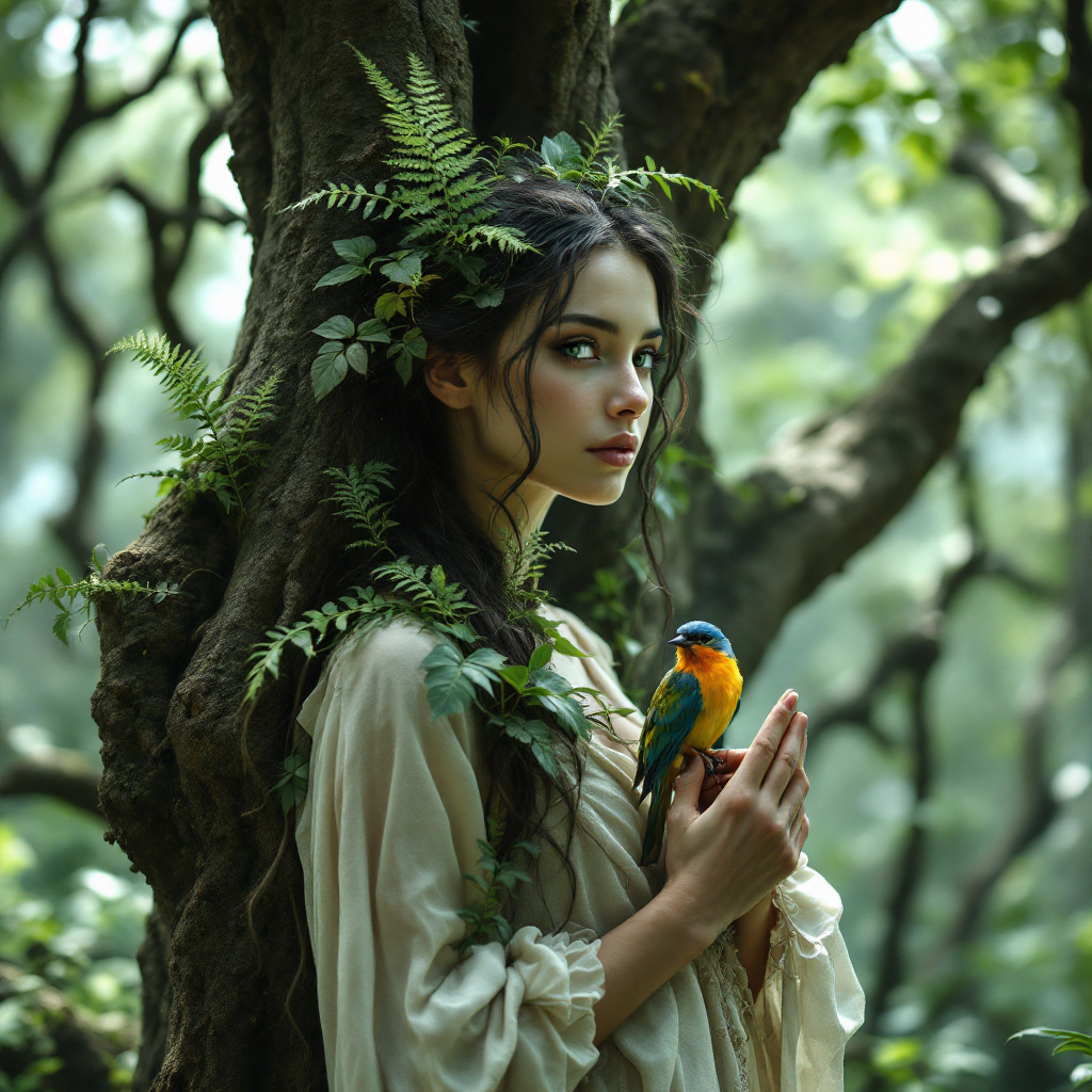 A young woman adorned with ferns and holding a colorful bird stands beside a tree, embodying the harmony of nature and the essence of adaptation.