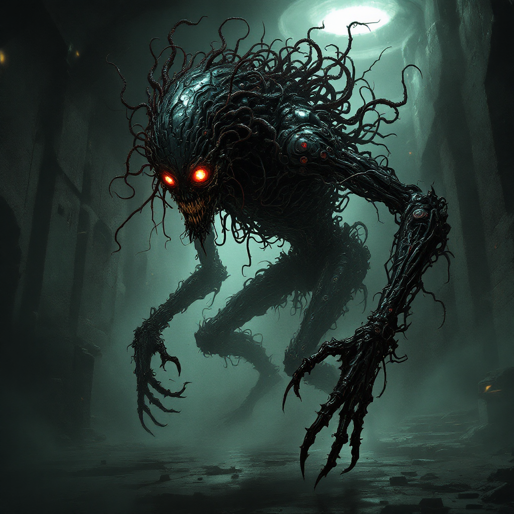 A towering, shadowy creature with tangled dark vines and glowing red eyes looms in a dim, eerie environment, embodying the haunting theme of creating one's own monsters.