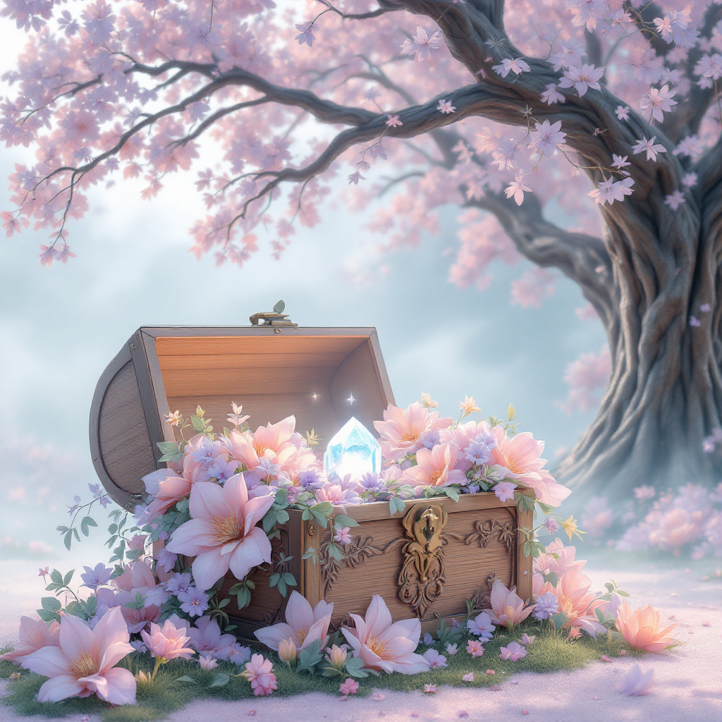 A wooden treasure chest adorned with flowers, glowing softly, rests beneath a blossoming tree, embodying the belief that some things in life hold more value than money.