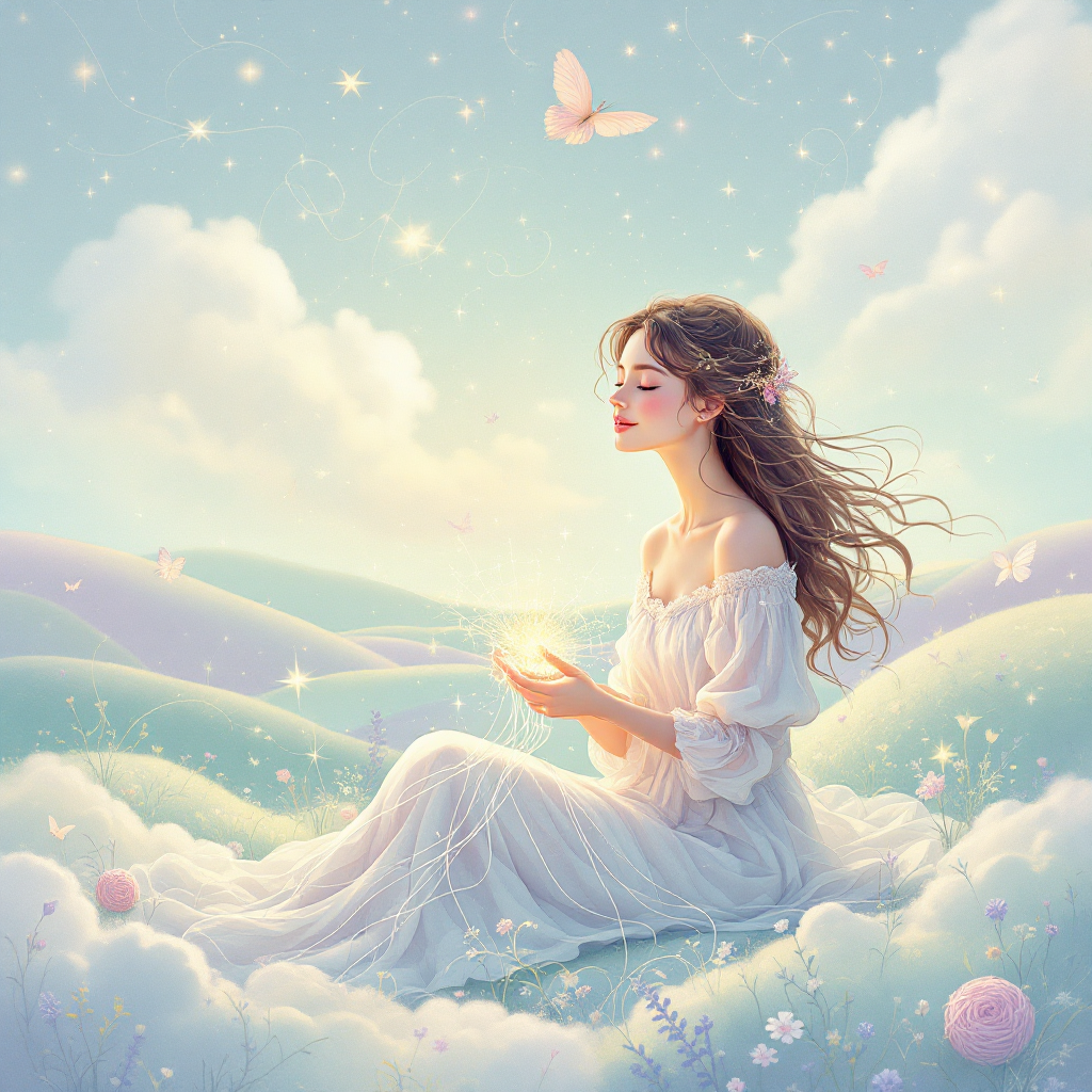 A serene woman in a flowing white dress sits on soft clouds, cradling a glowing light as butterflies flutter around her, embodying the essence of personal stories and self-reflection.