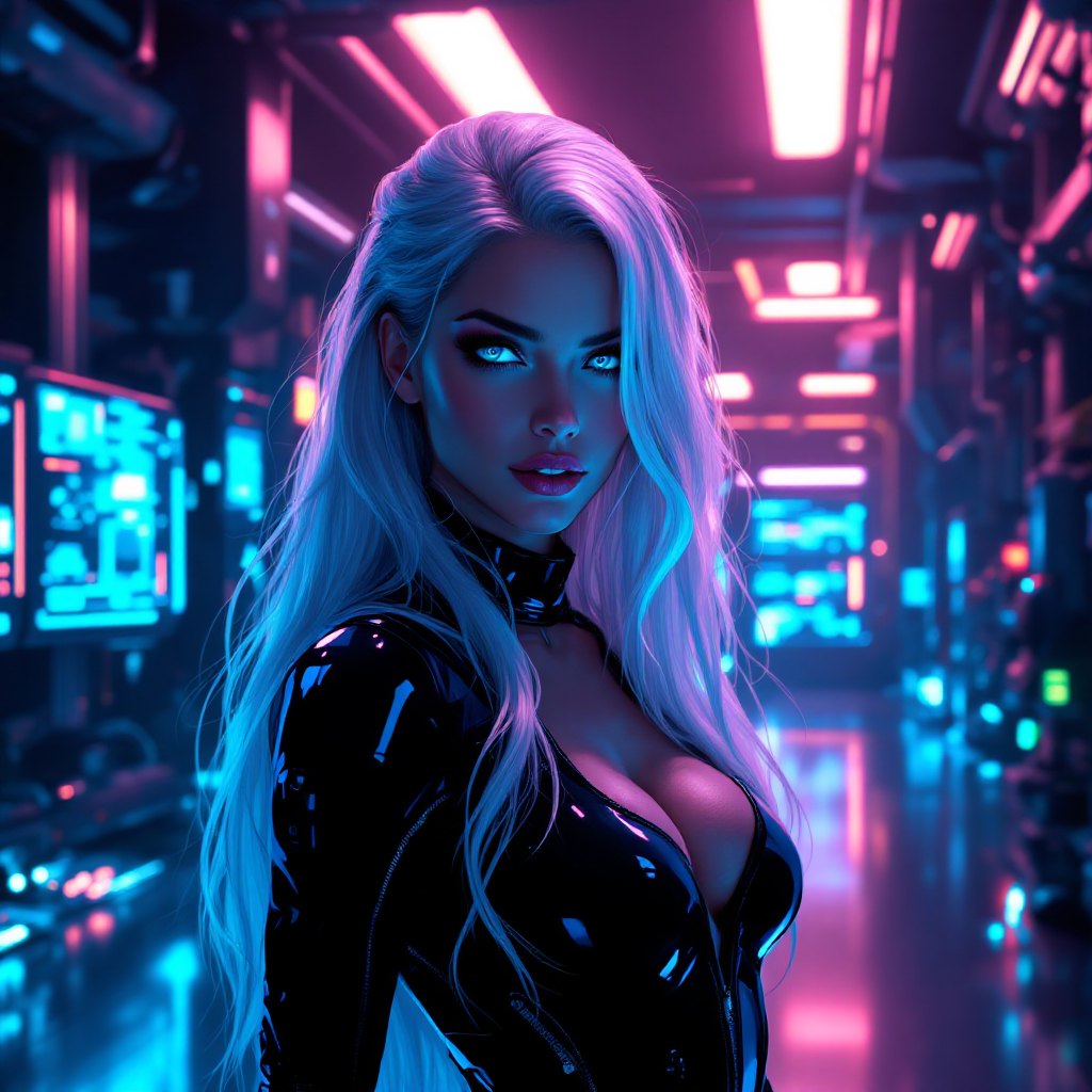 A striking figure with long, silver hair stares intensely, surrounded by a futuristic, neon-lit environment, embodying the addictive allure described in the quote about longing and obsession.