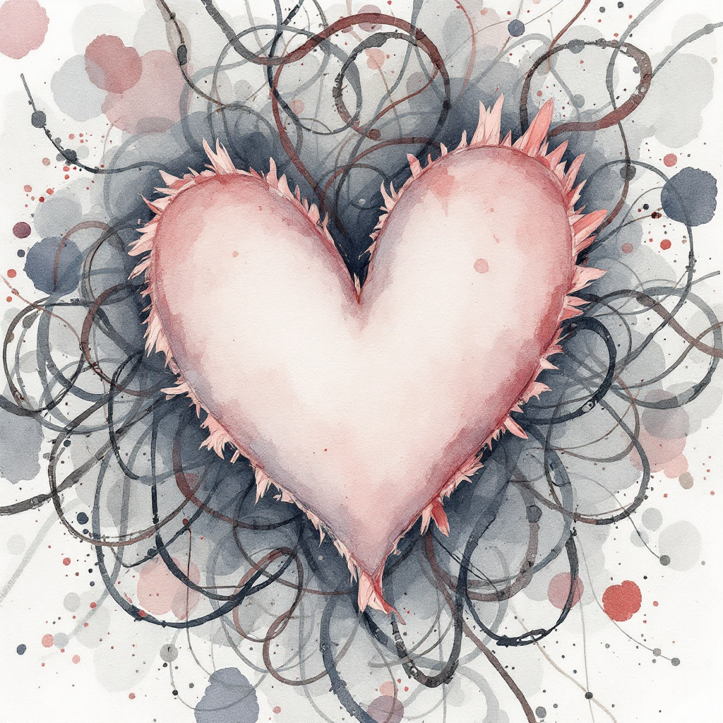 A watercolor heart surrounded by tangled, dark lines and soft splashes of color, reflecting the complexity and beauty of love as described in the quote.