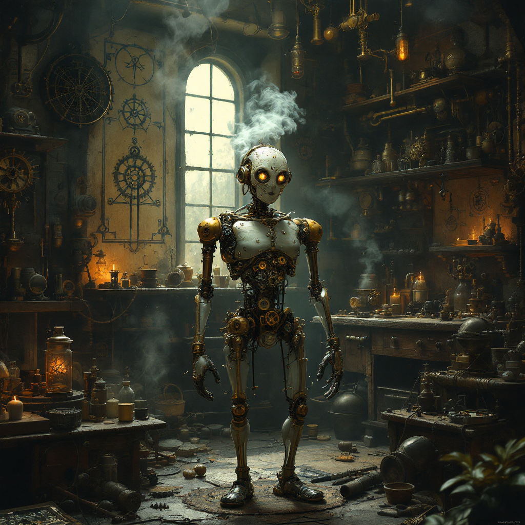 A whimsical steampunk robot stands in a dimly lit workshop filled with enigmatic tools and glowing jars, evoking an air of unpredictability and intrigue.