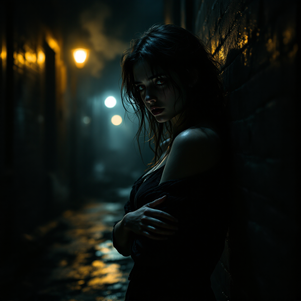 A shadowy alley illuminated by dim streetlights, featuring a solitary woman with disheveled hair, embodying the quote about tragedy revealing deeper truths in our lives.