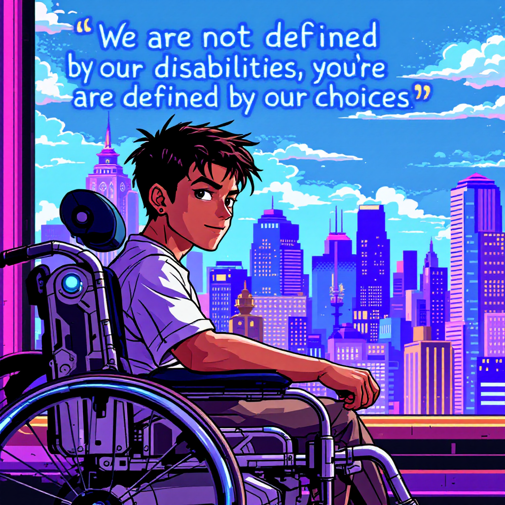 A young man in a wheelchair gazes out at a vibrant city skyline, accompanied by the quote, We are not defined by our disabilities, you are defined by our choices.