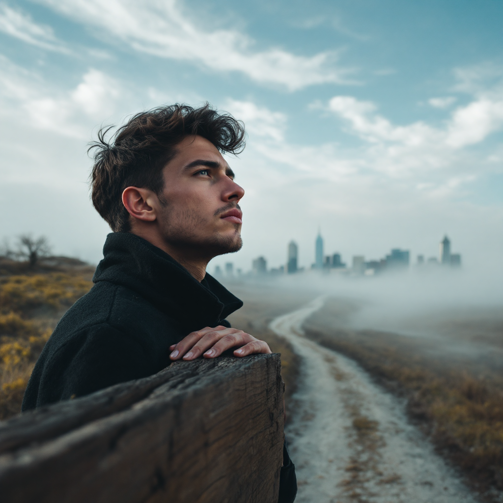 A contemplative young man gazes toward a city skyline, standing on a winding path, reflecting on missed opportunities under a cloudy sky.