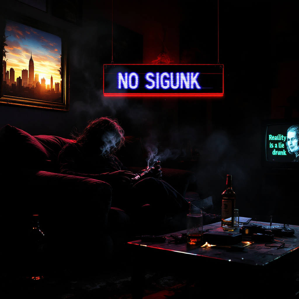 A dimly lit room features a figure smoking on a couch, surrounded by a whiskey bottle and an ashtray. A neon sign reads NO SIGUNK, reflecting a theme of escaping reality through writing.