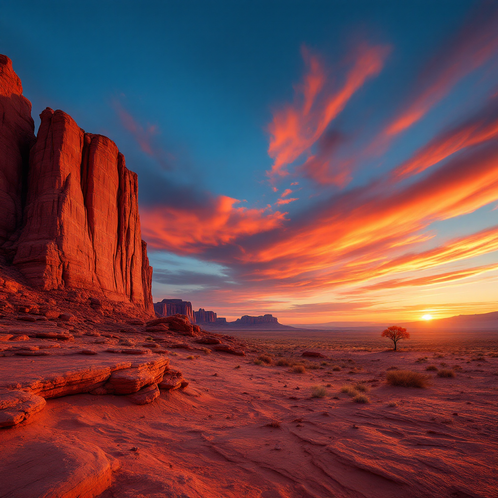 A breathtaking sunset illuminates towering red rock formations and a lone tree, reflecting the journey of self-discovery through the beauty of nature.