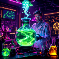 A scientist in a glowing lab mixes vibrant, swirling liquids in a flask, surrounded by colorful equipment and screens, embodying the idea that knowledge alleviates fear.