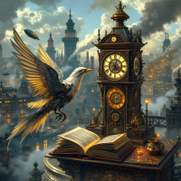 A mystical scene features a majestic clock tower with a golden-winged bird soaring above an open book, set against a whimsical city skyline, embodying the theme of finding love in unexpected places.