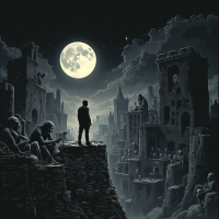 A solitary figure stands atop a crumbling fortress under a full moon, surrounded by shadows of lost souls, symbolizing the chains of desires and ambitions in a desolate landscape.