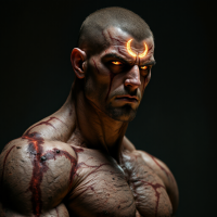 A muscular figure with scars on his body and glowing eyes gazes intensely at the viewer, embodying resilience and strength, reflecting the quote about scars telling stories of strength.