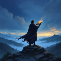 A figure stands on a rocky peak at dawn, holding an illuminated book. The sweeping landscape of mountains and mist evokes a sense of discovery and the power of choices, echoing a profound quote.