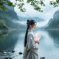 A contemplative figure in traditional attire stands by a serene lake, holding a painted fan, embodying the sentiment that choices shape our paths, not just power.