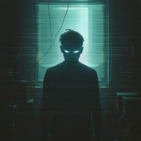 A silhouette of a figure with glowing eyes stands in a dimly lit room, framed by a bluish light from a window, evoking themes of perspective and perception.