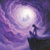 A figure sits on the edge of a cliff, gazing into a swirling purple vortex that hints at a distant castle, evoking a sense of wonder and the mind’s potential dangers.