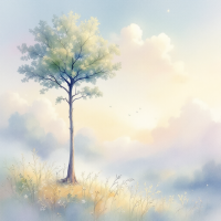 A serene landscape features a solitary tree atop a gentle hill, surrounded by soft clouds and a pastel sky, embodying a sense of safety and tranquility.