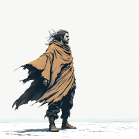 A solitary figure stands in a barren landscape, draped in a tattered cloak, embodying the spirit of liberation as suggested by the quote, To be free, a man must be free of his brothers.