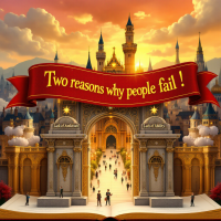 An enchanting castle under a sunset sky, framed by a red banner proclaiming Two reasons why people fail! People stroll through a grand entrance, symbolizing ambition and ability.