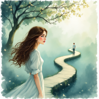 A young woman in a flowing white dress stands on a winding path, gazing sadly at a distant figure. The setting is ethereal, filled with soft light and greenery, reflecting emotional distance.