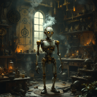 A whimsical steampunk robot stands in a dimly lit workshop filled with enigmatic tools and glowing jars, evoking an air of unpredictability and intrigue.