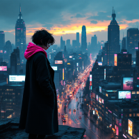 A figure in a black coat and pink hoodie stands on a rooftop, gazing over a cityscape illuminated by colorful lights at sunset, reflecting on life's indifference.