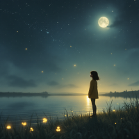 A child stands by a serene lakeside at night, illuminated by a full moon and scattered stars, embodying the reflective journey of self-discovery captured in the quote, Till this moment, I never knew myself.