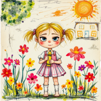 A young girl stands barefoot in a colorful flower field, holding a crayon. The bright sun shines above a simple house, embodying a nostalgic connection to the past.