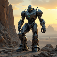 A large, intricately designed robot stands in a barren landscape at sunset, embodying the relentless search for meaning and purpose, as described in the quote about endless searching.