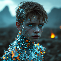 A boy with an intense gaze, his face covered in reflective shards, stands amidst a dramatic landscape, evoking a sense of haunting memory and depth, as echoed in the quote.