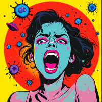 A vibrant illustration of a woman with striking blue skin, wide-open mouth, and a fierce expression, surrounded by colorful microbes, reflecting the quote about unauthorized cell extraction.