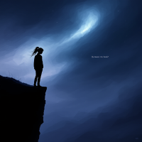 A silhouetted figure stands at the edge of a cliff, gazing at a starry sky that evokes introspection, reflecting the internal battles we face within ourselves.