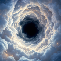 A swirling vortex of soft, luminous clouds encircles a deep, dark center, evoking feelings of confusion and introspection, reflecting the struggle to understand inner turmoil.