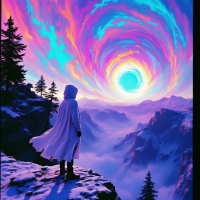 A figure in a flowing white cloak stands on a cliff, gazing at a vibrant, swirling portal of colors above vast mountains, embodying the journey beyond the conceivable into the impossible.