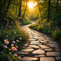 A sunlit stone pathway winds through a lush, green forest, interspersed with blooming flowers, evoking a sense of journey and connection to the past.