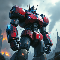 A towering red and black robot stands against a smoky, fiery sky, embodying strength yet hinting that sometimes knowing doesn’t fix things.